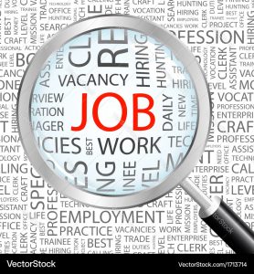 Descriptive image with a magnifying glass and words to focus on job and employment based focus.